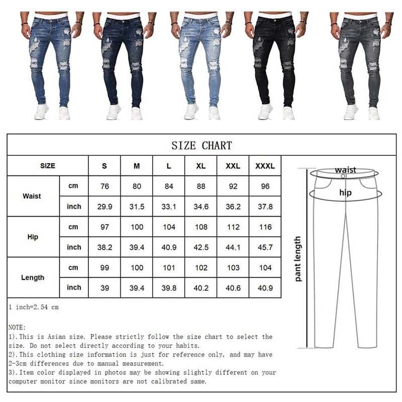 Mens Ripped Skinny Jeans Blue Slim Fit Hole Pencil Pants Casual Biker Trousers Streetwear High Quality Denim Man Clothing