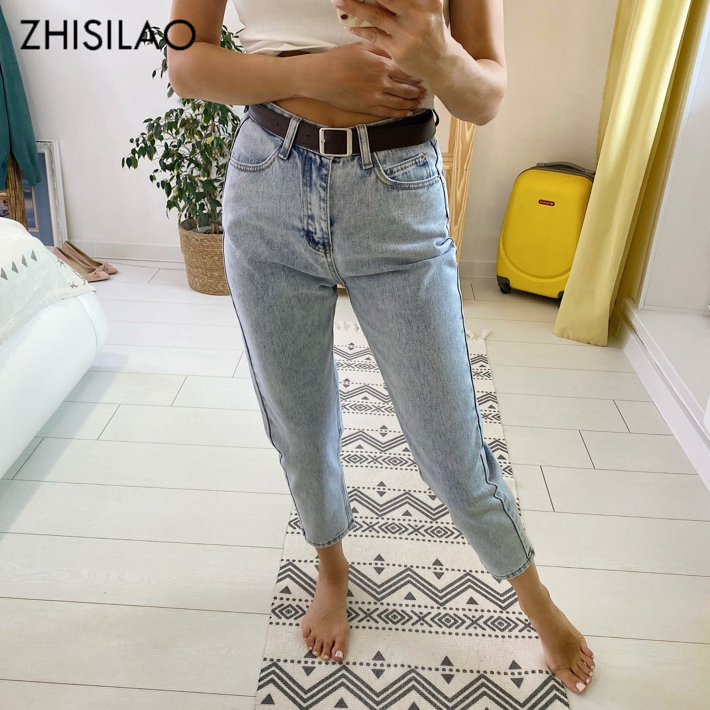 ZHISILAO Straight Jeans Women with Belt Vintage Basic Blue Ankle-length Denim Pants Boyfriend Gray Jeans Korean