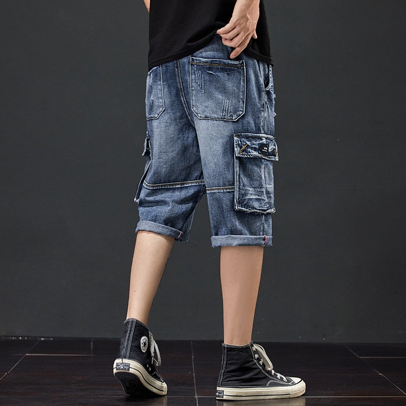 Summer New Men Jeans Cargo Shorts Fashion Casual Elasticated Waist Stretch Big Pocket Cropped Jean Male Brand