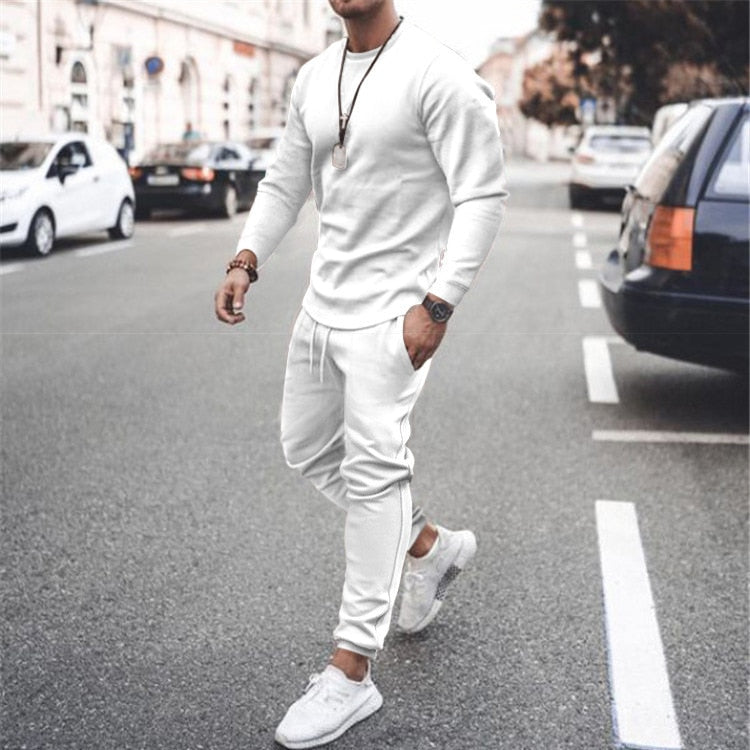 Autumn New Men Tracksuit Casual Solid Sports Set Long Sleeved TShirt 2 Pieces Sets+Pants Fashion Brand Jogger Fitness Sportswear