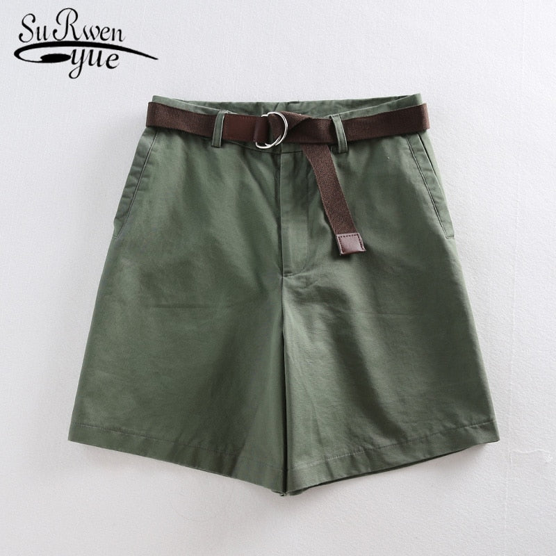 Women Wide Leg Shorts Casual Female A-line Solid Shorts With Belt Feminino Women Summer Shorts Loose High Waist 7411 50