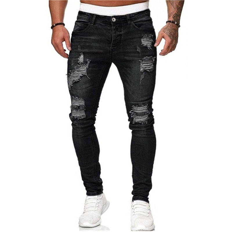 Mens Ripped Skinny Jeans Blue Slim Fit Hole Pencil Pants Casual Biker Trousers Streetwear High Quality Denim Man Clothing