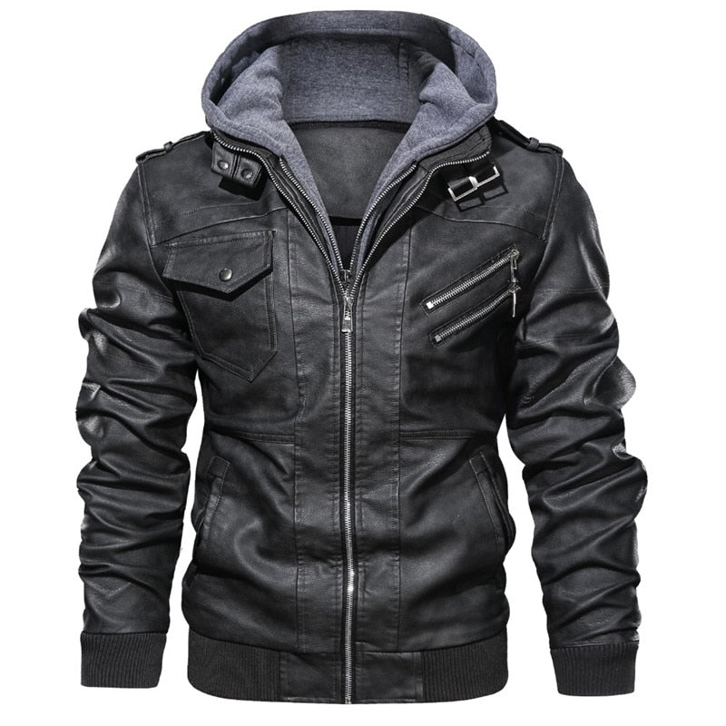 New autumn winter men&#39;s leather motorcycle jacket PU leather hooded jacket warm baseball jacket Euro Size coat