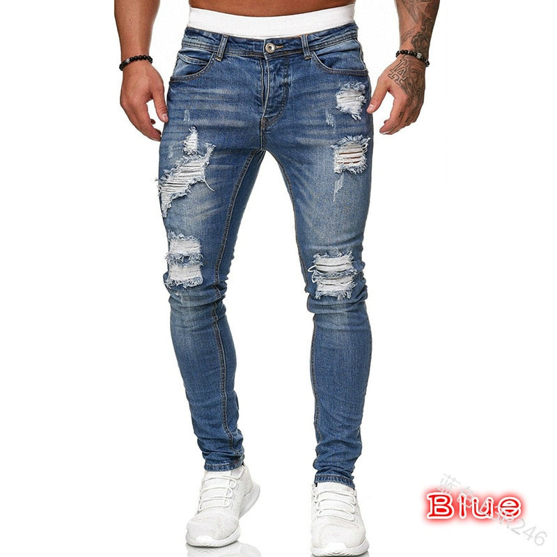 Mens Ripped Skinny Jeans Blue Slim Fit Hole Pencil Pants Casual Biker Trousers Streetwear High Quality Denim Man Clothing