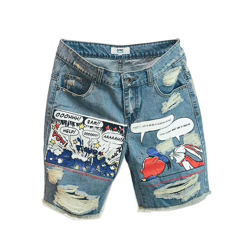 Supzoom New Arrival Hot Sale Fashion Animation Cartoon Print Light Ulzzang Summer Zipper Fly Stonewashed Jeans Shorts Men