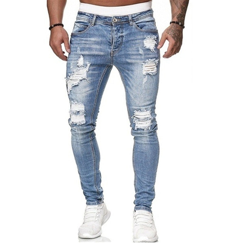 Mens Ripped Skinny Jeans Blue Slim Fit Hole Pencil Pants Casual Biker Trousers Streetwear High Quality Denim Man Clothing