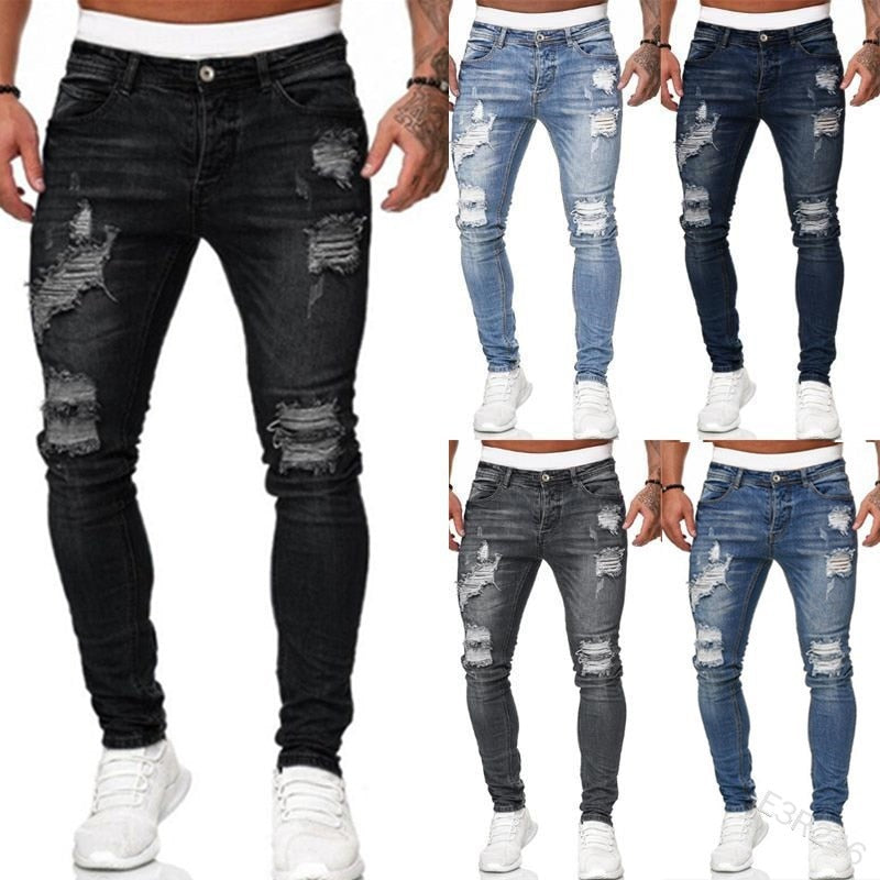 Mens Ripped Skinny Jeans Blue Slim Fit Hole Pencil Pants Casual Biker Trousers Streetwear High Quality Denim Man Clothing