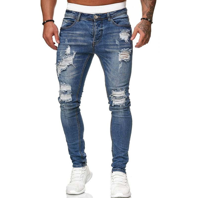 Mens Ripped Skinny Jeans Blue Slim Fit Hole Pencil Pants Casual Biker Trousers Streetwear High Quality Denim Man Clothing