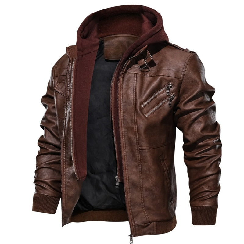 New autumn winter men&#39;s leather motorcycle jacket PU leather hooded jacket warm baseball jacket Euro Size coat