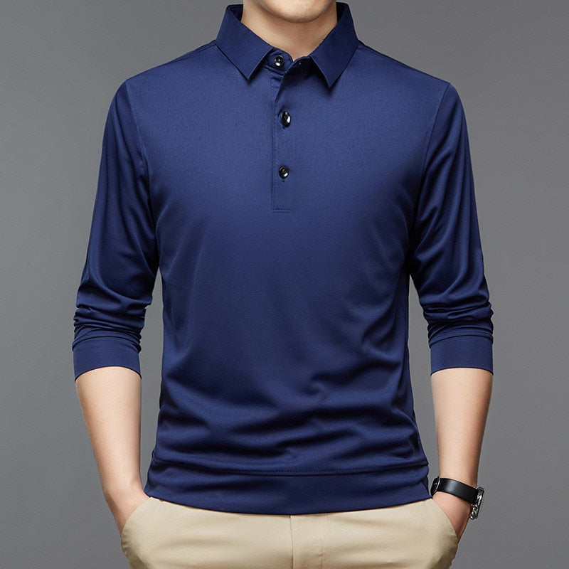 New Men Polo Shirt Casual Business Tops Solid Polos Shirts Mens Long Sleeve Polo Homme Fashion Korean Slim Lapel Tee