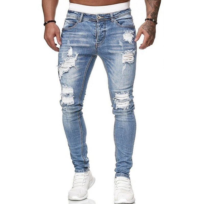 Jeans Men Ripped Skinny Hole Trousers Stretch Slim Denim Pants Large Size Hip Hop Black Blue Casual Jogging Jeans for Men