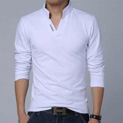 T-Shirt Men Spring Cotton T Shirt Men Solid Color Tshirt Mandarin Collar Long Sleeve Top Men Brand Slim Fit Tee Shirts 5XL