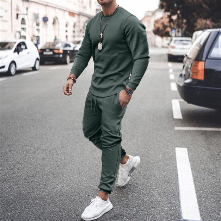 Autumn New Men Tracksuit Casual Solid Sports Set Long Sleeved TShirt 2 Pieces Sets+Pants Fashion Brand Jogger Fitness Sportswear