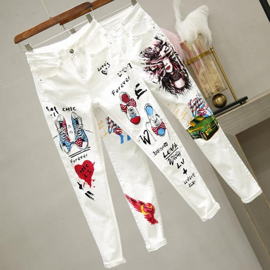 Women White Denim Jeans Cartoon Graffiti Flowers Print Stretched Hallen Jeans Pencil Pants Autumn Skinny Jeans LU1271