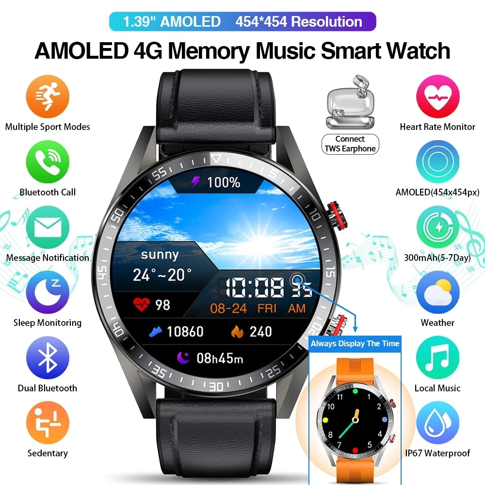 New 454*454 Screen Smart Watch Always Display The Time Bluetooth Call Local Music Smartwatch For Mens Android TWS Earphones