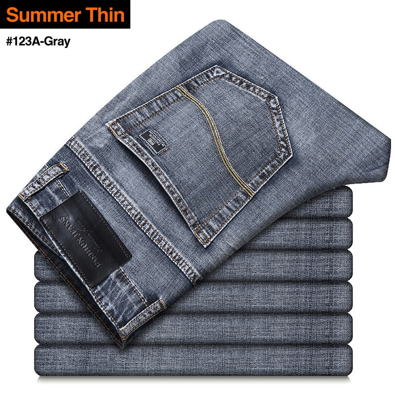 New Men&#39;s Stretch Regular Fit Jeans Business Casual Classic Style Fashion Denim Trousers Male Black Blue Gray Pants