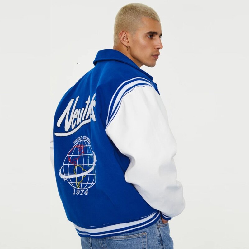 Neutrals Blue Varsity Bomber Jacket Man Contrast Sleeve PU Leather Coats Embroidery Jaded Casual London Baseball Jackets Women