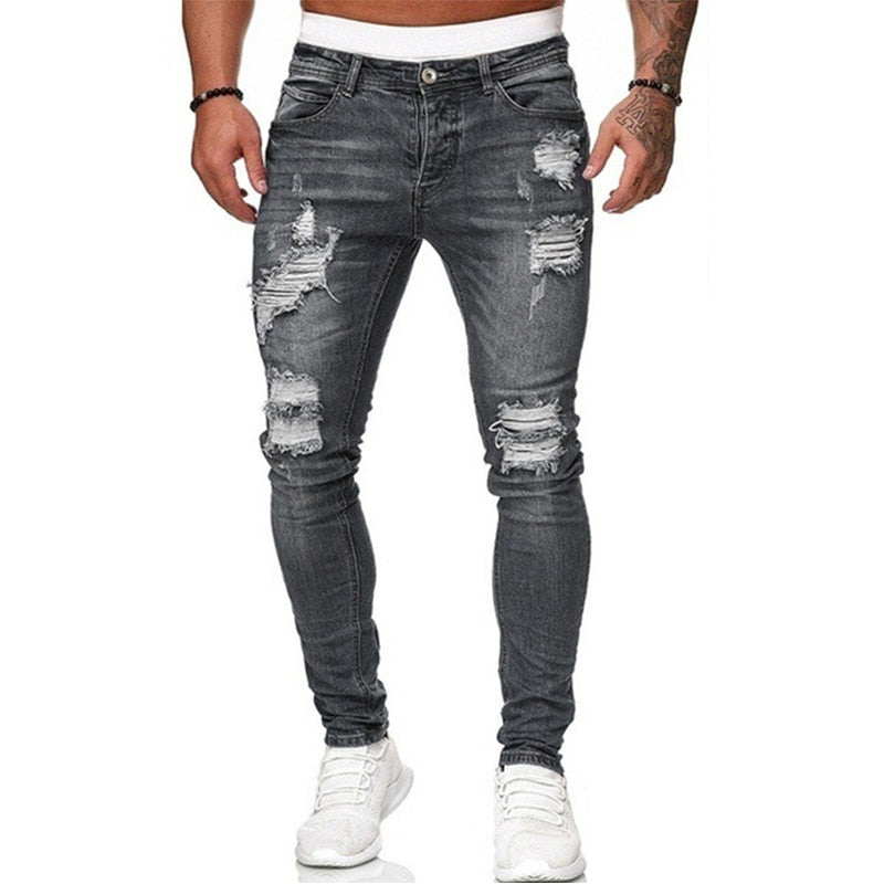 Mens Ripped Skinny Jeans Blue Slim Fit Hole Pencil Pants Casual Biker Trousers Streetwear High Quality Denim Man Clothing