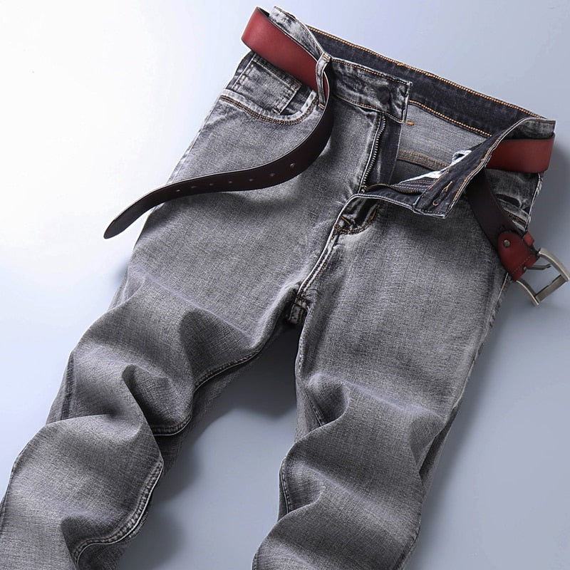 New Men&#39;s Stretch Regular Fit Jeans Business Casual Classic Style Fashion Denim Trousers Male Black Blue Gray Pants