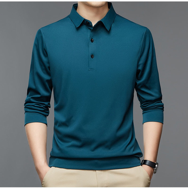 New Men Polo Shirt Casual Business Tops Solid Polos Shirts Mens Long Sleeve Polo Homme Fashion Korean Slim Lapel Tee