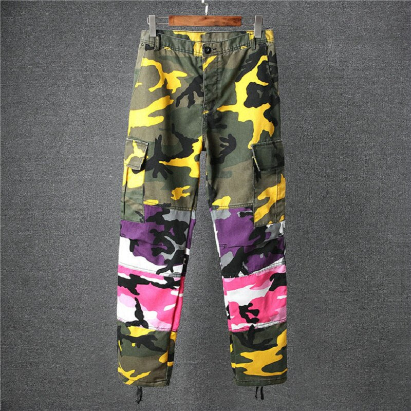 Camo Patchwork Cargo Pants Men's Hip Hop Casual Camouflage Trousers Streetwear Joggers Sweatpants NXP12