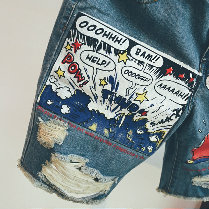 Supzoom New Arrival Hot Sale Fashion Animation Cartoon Print Light Ulzzang Summer Zipper Fly Stonewashed Jeans Shorts Men