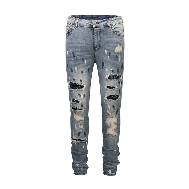 DARK ICON Ripped Coating Slim Fit High Street Jeans Men Hi-end Fashion Rivet on Knee Cool Jeans Denim Men&#39;s Pants 2 Colors