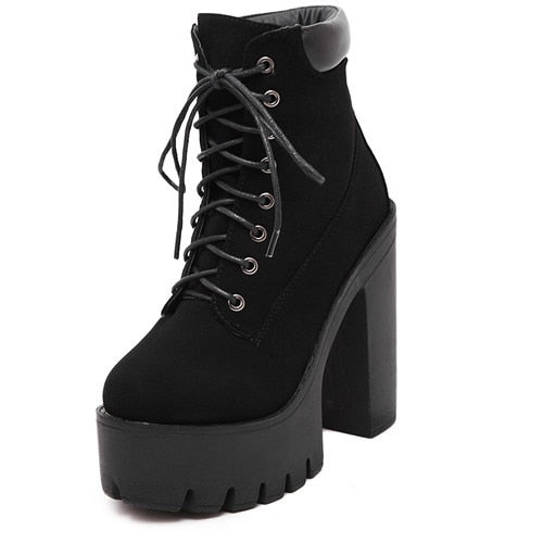 Gdgydh Fashion Spring Autumn Platform Ankle Boots Women Lace Up Thick Heel Platform Boots Ladies Worker Boots Black Big Size 42