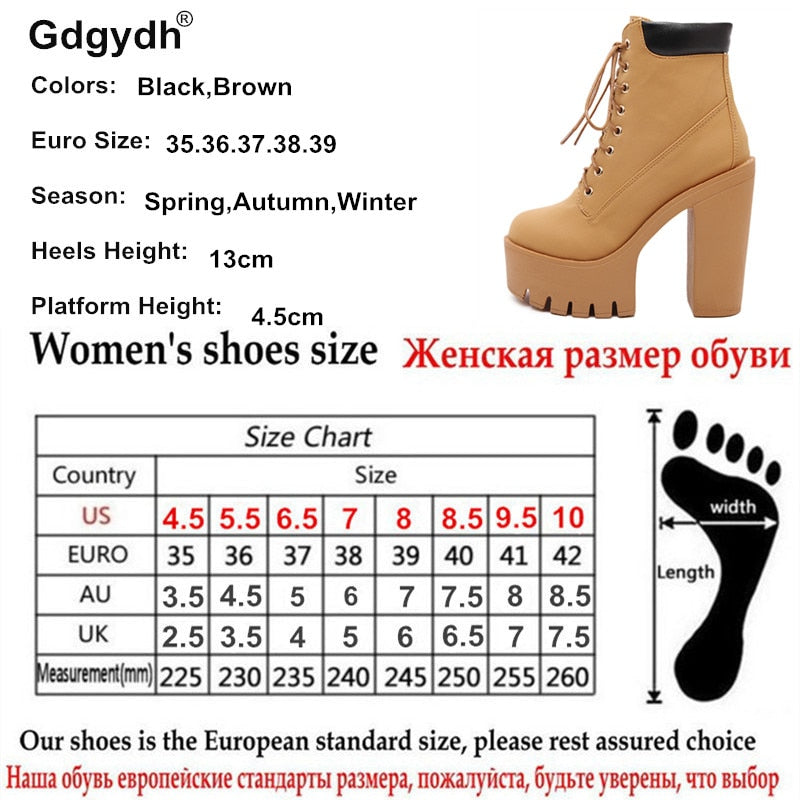 Gdgydh Fashion Spring Autumn Platform Ankle Boots Women Lace Up Thick Heel Platform Boots Ladies Worker Boots Black Big Size 42