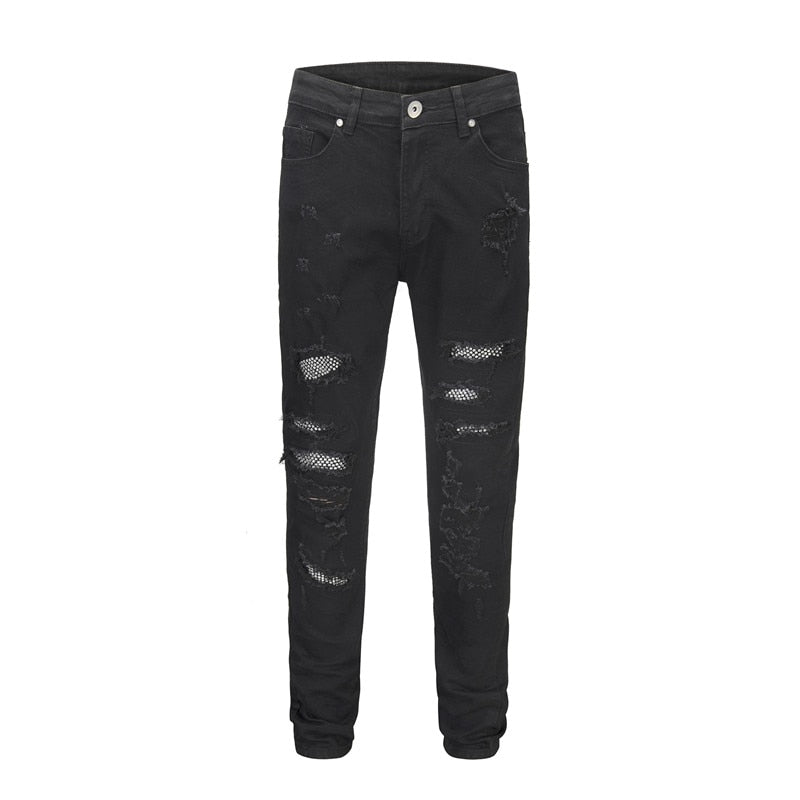 DARK ICON Ripped Coating Slim Fit High Street Jeans Men Hi-end Fashion Rivet on Knee Cool Jeans Denim Men&#39;s Pants 2 Colors