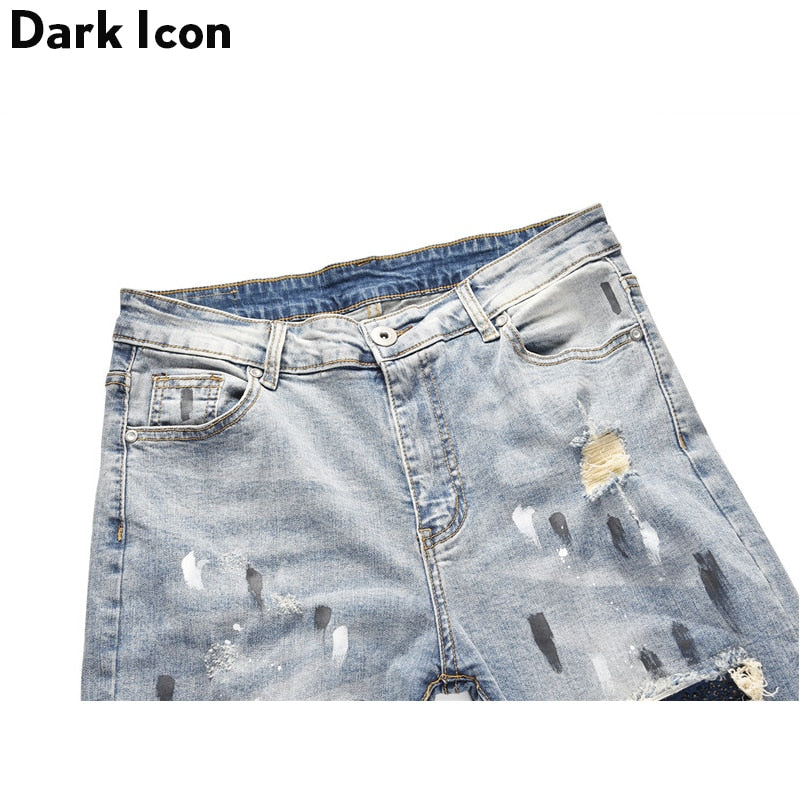 DARK ICON Ripped Coating Slim Fit High Street Jeans Men Hi-end Fashion Rivet on Knee Cool Jeans Denim Men&#39;s Pants 2 Colors