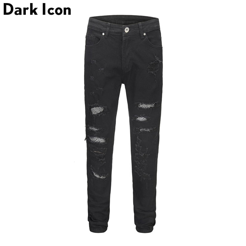 DARK ICON Ripped Coating Slim Fit High Street Jeans Men Hi-end Fashion Rivet on Knee Cool Jeans Denim Men&#39;s Pants 2 Colors