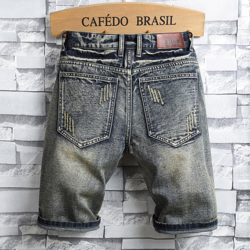 Brand Men&#39;s Retro Style Ripped Denim Shorts Summer New Fashion Casual Hole Patch Jean Shorts Male Brand Clothes