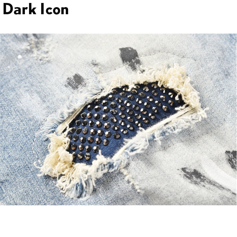 DARK ICON Ripped Coating Slim Fit High Street Jeans Men Hi-end Fashion Rivet on Knee Cool Jeans Denim Men&#39;s Pants 2 Colors