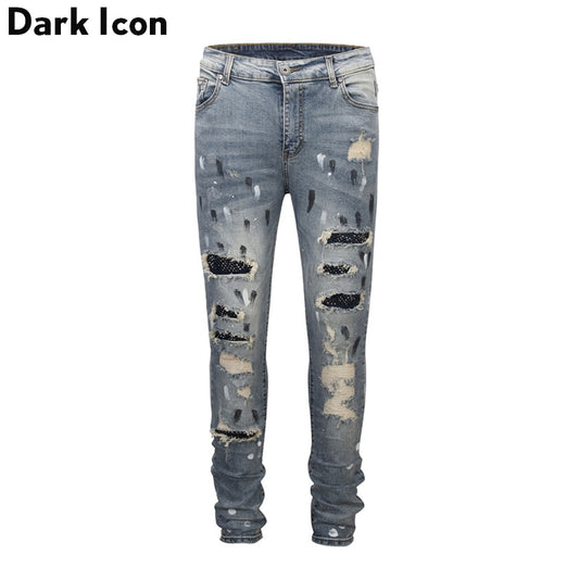 DARK ICON Ripped Coating Slim Fit High Street Jeans Men Hi-end Fashion Rivet on Knee Cool Jeans Denim Men&#39;s Pants 2 Colors