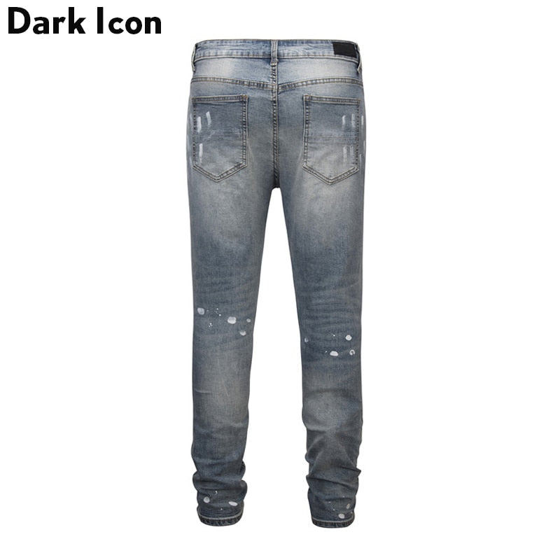 DARK ICON Ripped Coating Slim Fit High Street Jeans Men Hi-end Fashion Rivet on Knee Cool Jeans Denim Men&#39;s Pants 2 Colors