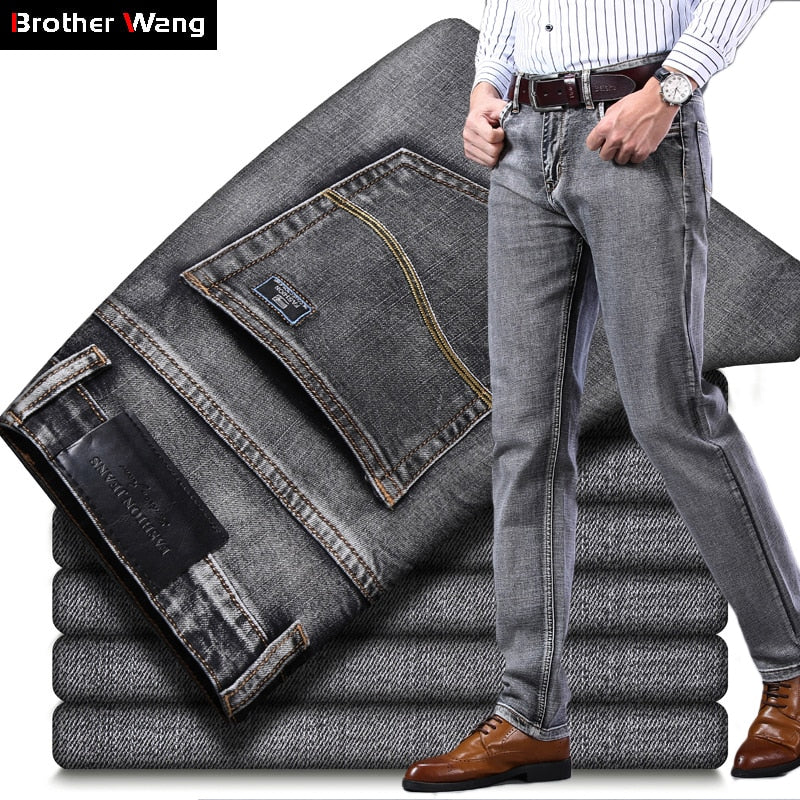 New Men&#39;s Stretch Regular Fit Jeans Business Casual Classic Style Fashion Denim Trousers Male Black Blue Gray Pants