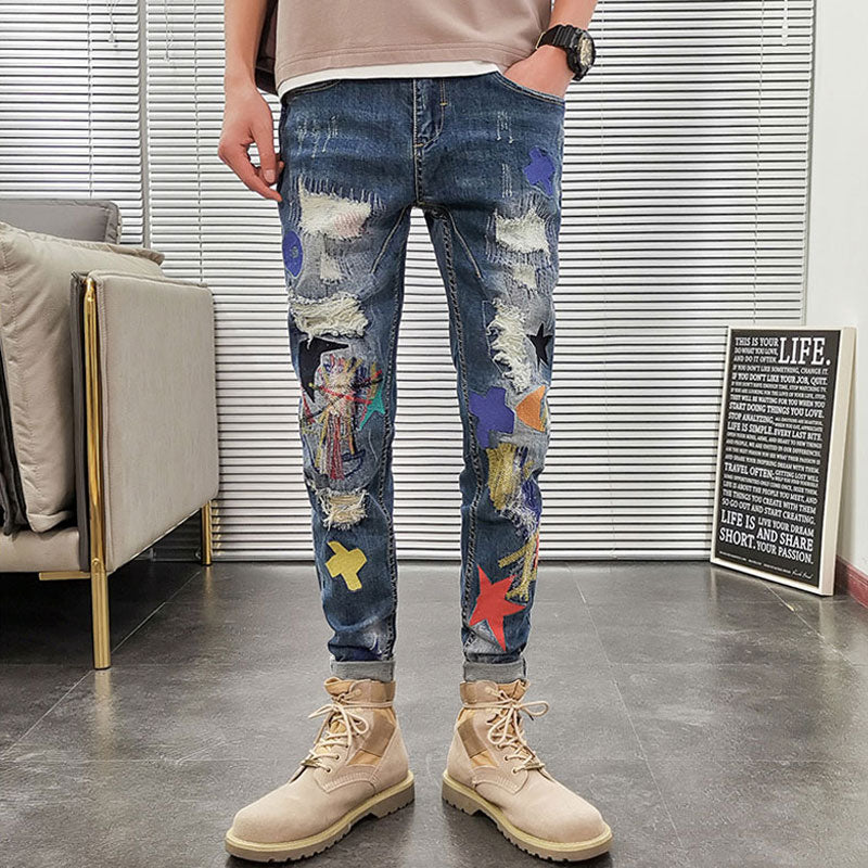 Korean Style Fashion Men Jeans Embroidery Patch Designer Ripped Jeans Stretch Pencil Pants Streetwear Elastic Hip Hop Jeans Men