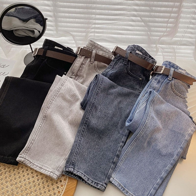 ZHISILAO Straight Jeans Women with Belt Vintage Basic Blue Ankle-length Denim Pants Boyfriend Gray Jeans Korean