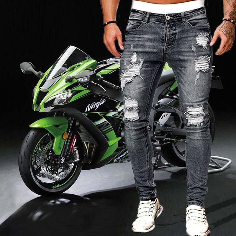 Mens Ripped Skinny Jeans Blue Slim Fit Hole Pencil Pants Casual Biker Trousers Streetwear High Quality Denim Man Clothing