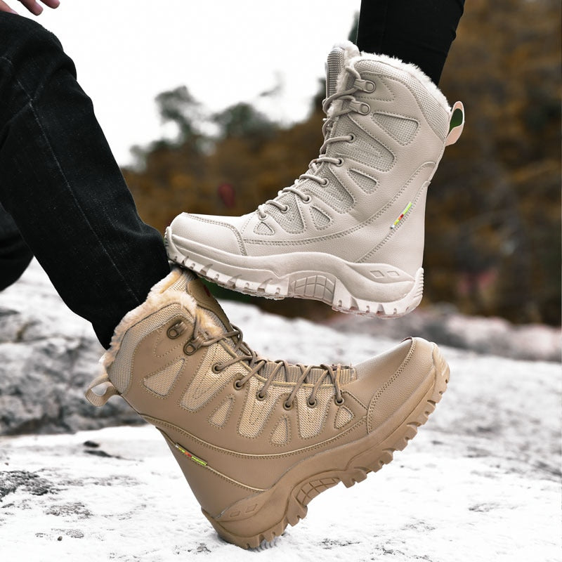 New Warm Plush Snow Boots Men Lace Up Casual High Top Men&#39;s Boots Waterproof Winter Boots Anti-Slip Ankle Boots Army Work Boots