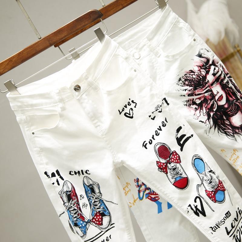 Women White Denim Jeans Cartoon Graffiti Flowers Print Stretched Hallen Jeans Pencil Pants Autumn Skinny Jeans LU1271