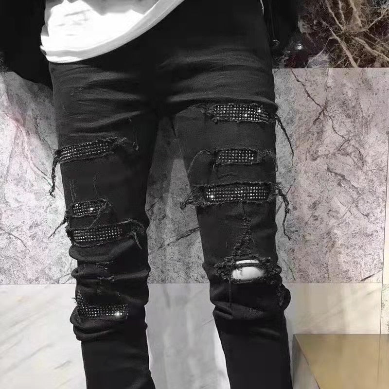 DARK ICON Ripped Coating Slim Fit High Street Jeans Men Hi-end Fashion Rivet on Knee Cool Jeans Denim Men&#39;s Pants 2 Colors