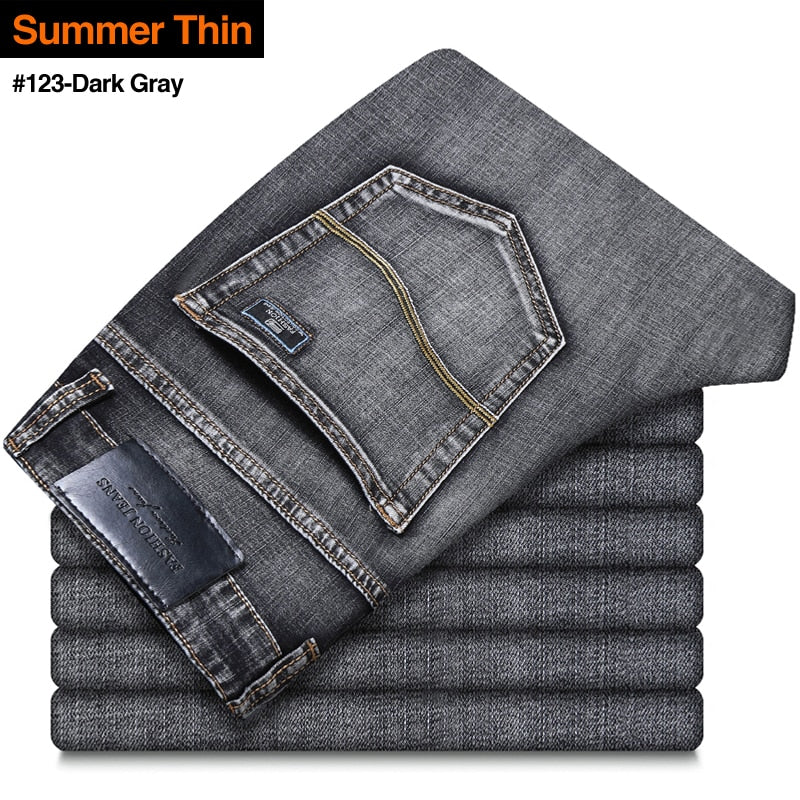 New Men&#39;s Stretch Regular Fit Jeans Business Casual Classic Style Fashion Denim Trousers Male Black Blue Gray Pants