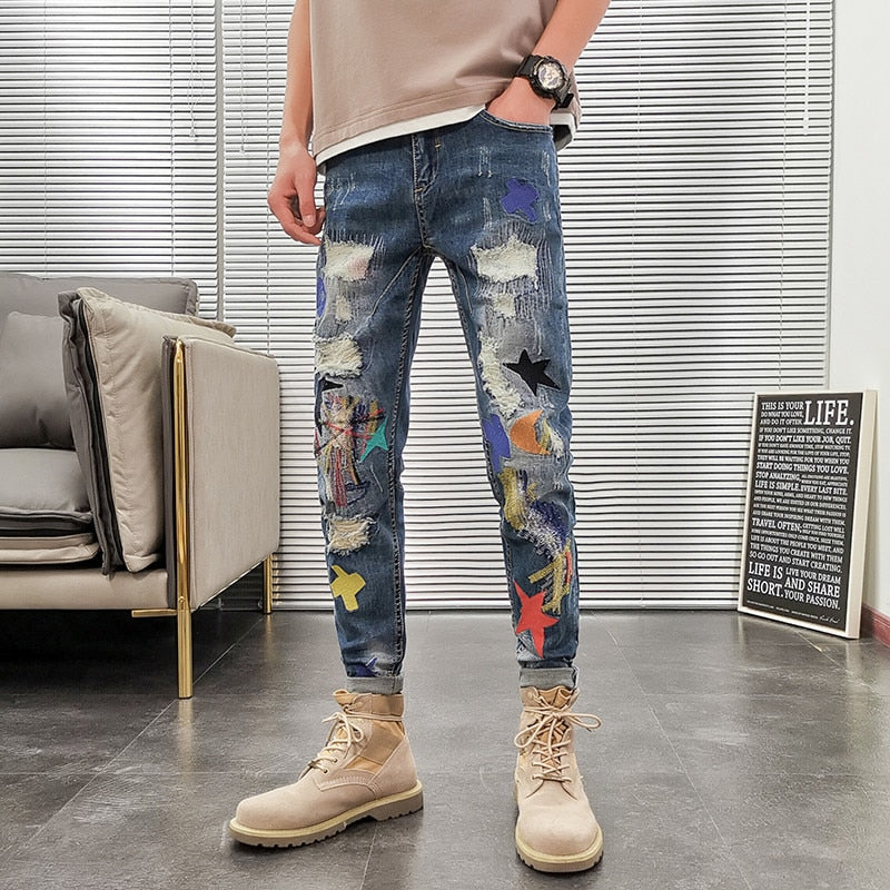 Korean Style Fashion Men Jeans Embroidery Patch Designer Ripped Jeans Stretch Pencil Pants Streetwear Elastic Hip Hop Jeans Men