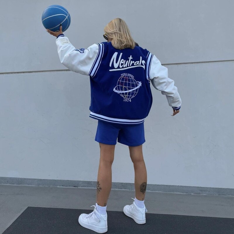 Neutrals Blue Varsity Bomber Jacket Man Contrast Sleeve PU Leather Coats Embroidery Jaded Casual London Baseball Jackets Women