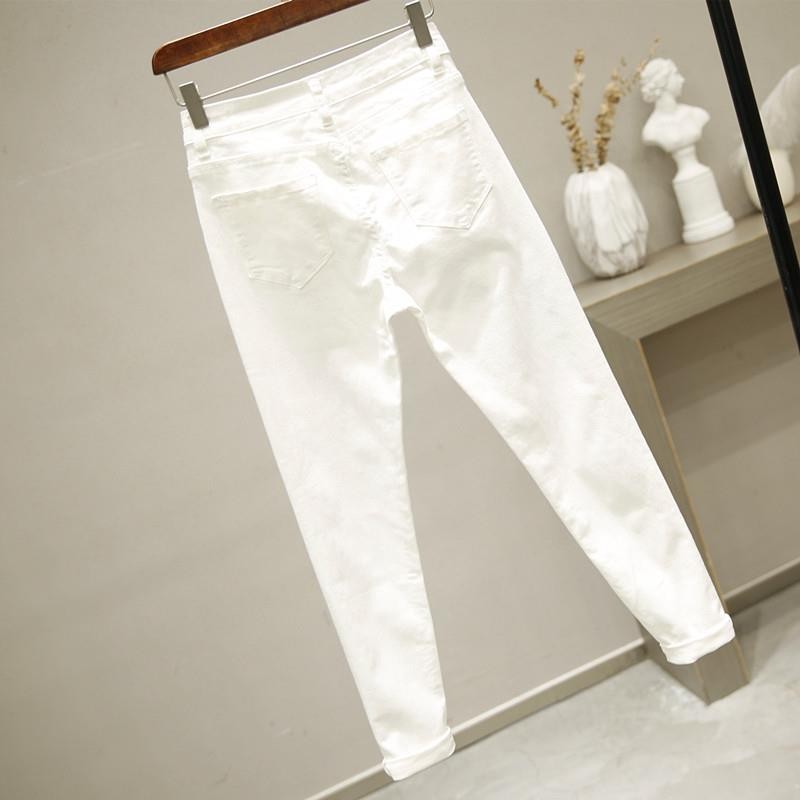 Women White Denim Jeans Cartoon Graffiti Flowers Print Stretched Hallen Jeans Pencil Pants Autumn Skinny Jeans LU1271