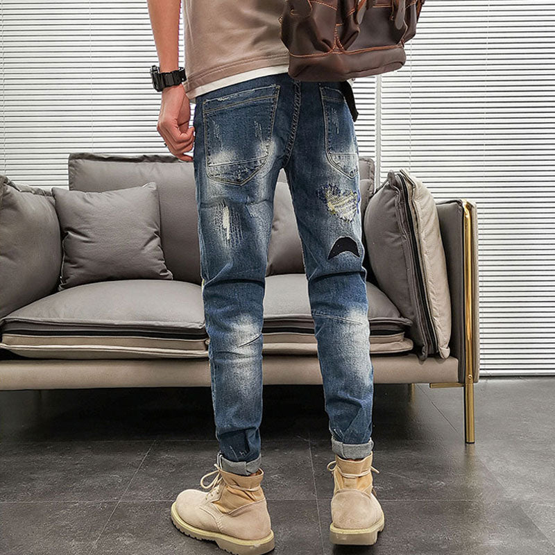 Korean Style Fashion Men Jeans Embroidery Patch Designer Ripped Jeans Stretch Pencil Pants Streetwear Elastic Hip Hop Jeans Men