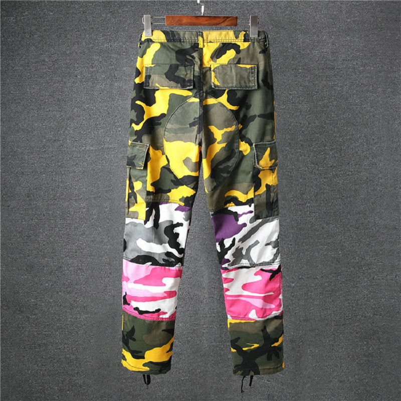 Camo Patchwork Cargo Pants Men's Hip Hop Casual Camouflage Trousers Streetwear Joggers Sweatpants NXP12