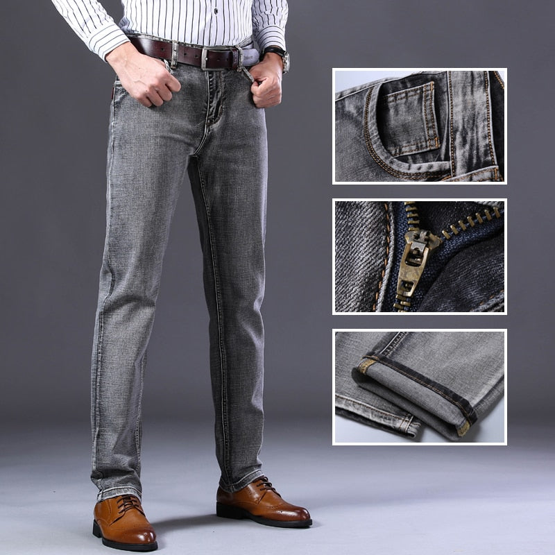 New Men&#39;s Stretch Regular Fit Jeans Business Casual Classic Style Fashion Denim Trousers Male Black Blue Gray Pants